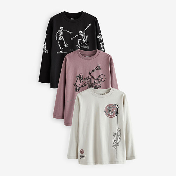 Purple/Stone/Black Skeleton Graphic Print Relaxed Fit Long Sleeve T-Shirts 3 Pack (3-12yrs)