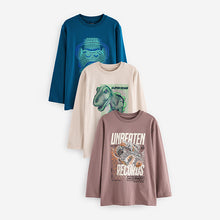 Load image into Gallery viewer, Blue Dino Graphic 100% Cotton Long Sleeve T-Shirts 3 Pack (3-12yrs)
