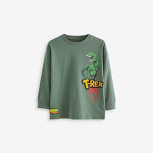 Load image into Gallery viewer, Khaki Green Dino Back Print Relaxed Fit Long Sleeve Graphic T-Shirt (3-12yrs)
