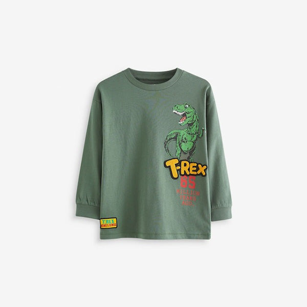 Khaki Green Dino Back Print Relaxed Fit Long Sleeve Graphic T-Shirt (3-12yrs)
