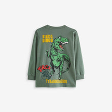Load image into Gallery viewer, Khaki Green Dino Back Print Relaxed Fit Long Sleeve Graphic T-Shirt (3-12yrs)
