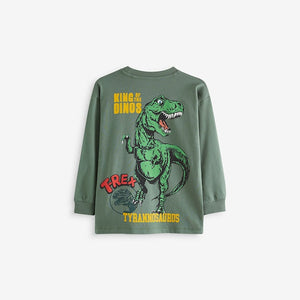 Khaki Green Dino Back Print Relaxed Fit Long Sleeve Graphic T-Shirt (3-12yrs)