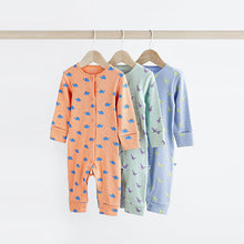 Load image into Gallery viewer, Orange/Blue Dino Printed Baby Sleepsuits 3 Pack (0mths-1.5-2yrs)
