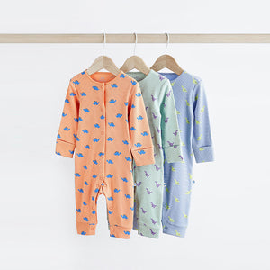 Orange/Blue Dino Printed Baby Sleepsuits 3 Pack (0mths-1.5-2yrs)