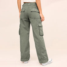 Load image into Gallery viewer, Khaki Green 100% Cotton Adjustable Waist Cargo Trousers
