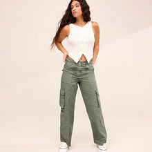 Load image into Gallery viewer, Khaki Green 100% Cotton Adjustable Waist Cargo Trousers
