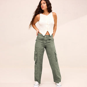 Khaki Green 100% Cotton Adjustable Waist Cargo Trousers