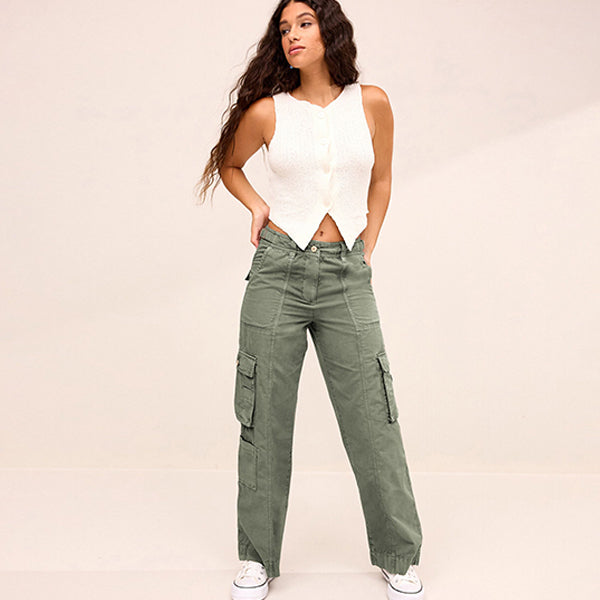 Khaki Green 100% Cotton Adjustable Waist Cargo Trousers