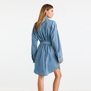 Mid Blue Belted Denim Shirt Dress