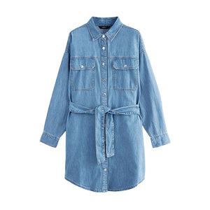 Mid Blue Belted Denim Shirt Dress