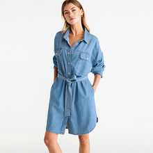 Load image into Gallery viewer, Mid Blue Belted Denim Shirt Dress
