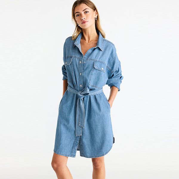 Mid Blue Belted Denim Shirt Dress