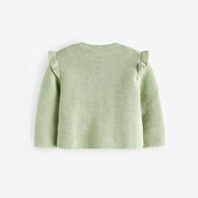 Load image into Gallery viewer, Sage Green Baby Frill Shoulder Knitted 100% Cotton Cardigan (0mths-12-18mt)
