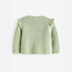 Sage Green Baby Frill Shoulder Knitted 100% Cotton Cardigan (0mths-12-18mt)