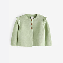 Load image into Gallery viewer, Sage Green Baby Frill Shoulder Knitted 100% Cotton Cardigan (0mths-12-18mt)
