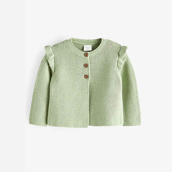 Sage Green Baby Frill Shoulder Knitted 100% Cotton Cardigan (0mths-12-18mt)