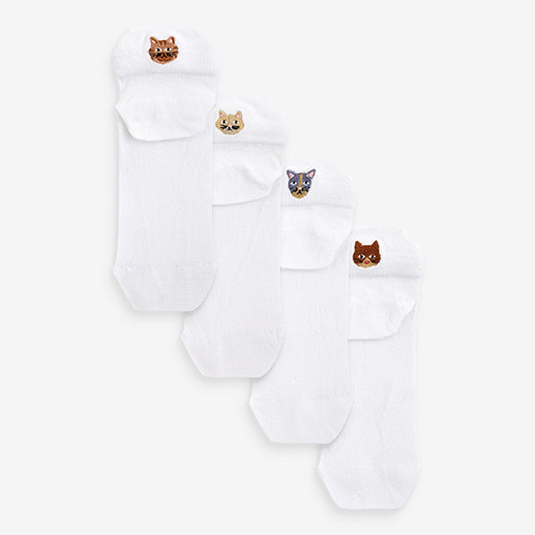 White/Cats Embroidered Motif Trainers Socks 4 Pack