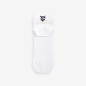 White/Cats Embroidered Motif Trainers Socks 4 Pack
