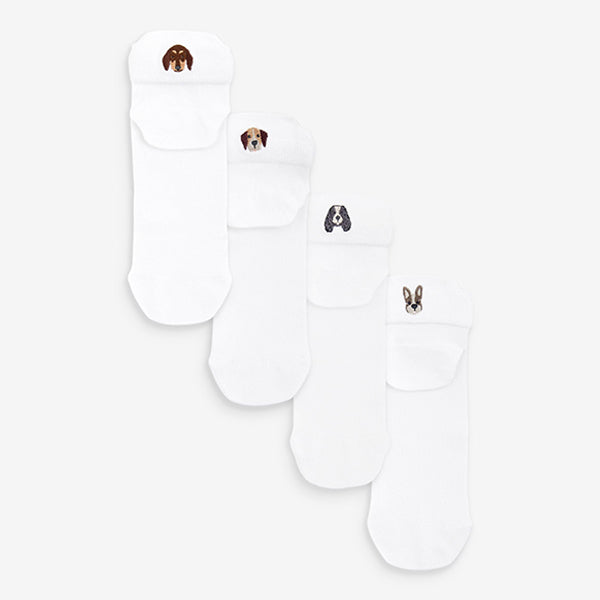 White/Dogs Embroidered Motif Trainers Socks 4 Pack