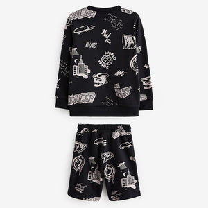 Black All-Over Printed Crew Neck Sweatshirt and Shorts Set (3-12yrs)