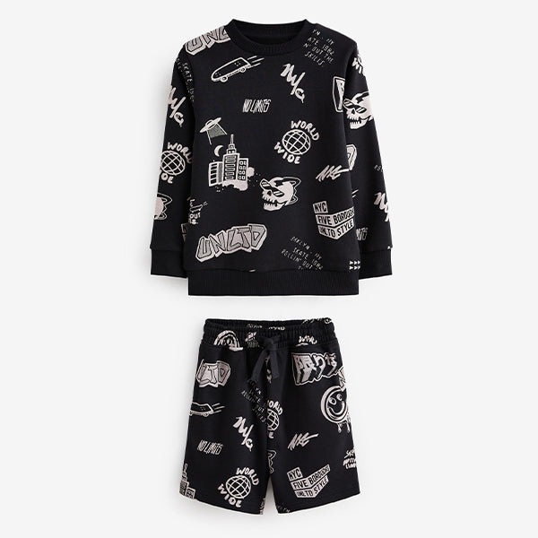 Black All-Over Printed Crew Neck Sweatshirt and Shorts Set (3-12yrs)