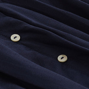 Navy Pleat Front Button Through Long Sleeve Blouse