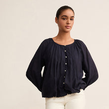 Load image into Gallery viewer, Navy Pleat Front Button Through Long Sleeve Blouse
