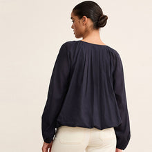 Load image into Gallery viewer, Navy Pleat Front Button Through Long Sleeve Blouse
