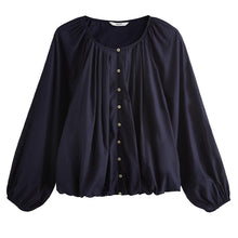 Load image into Gallery viewer, Navy Pleat Front Button Through Long Sleeve Blouse
