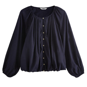 Navy Pleat Front Button Through Long Sleeve Blouse