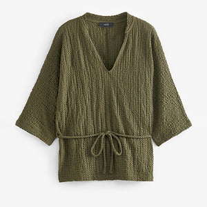 Khaki Green Long Sleeve Textured Tunic