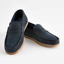 Load image into Gallery viewer, Navy Blue  Leather Slip-On Penny Loafers
