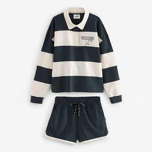 self. Navy Blue Stripe Short Loungewear Set