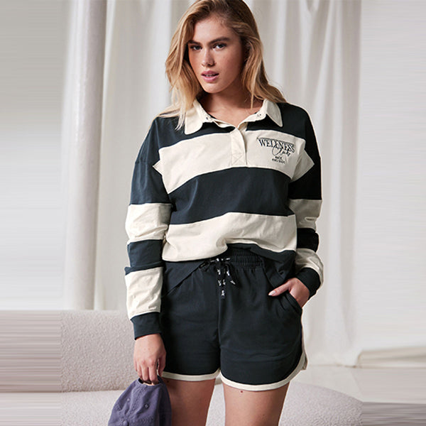 self. Navy Blue Stripe Short Loungewear Set