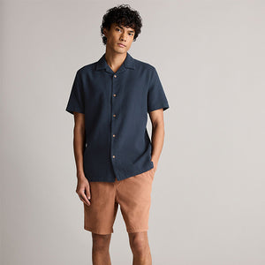 Navy Blue 100% Cotton Textured Waffle Short Sleeve Shirt