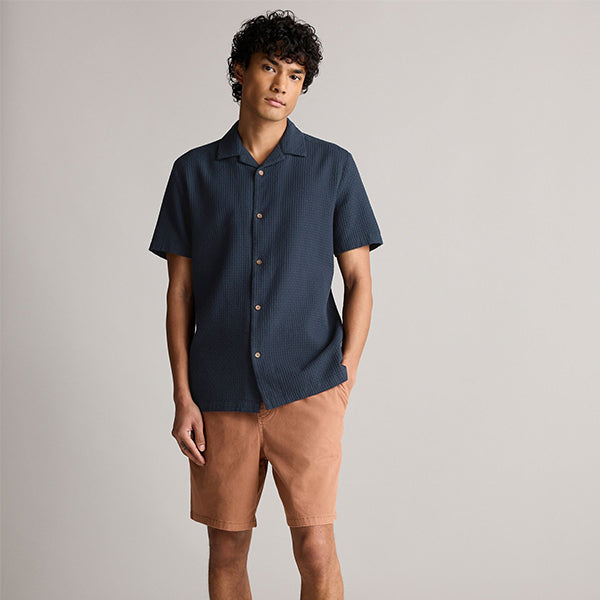 Navy Blue 100% Cotton Textured Waffle Short Sleeve Shirt