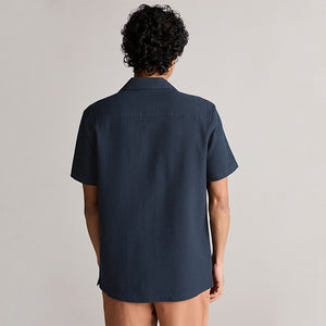 Navy Blue 100% Cotton Textured Waffle Short Sleeve Shirt