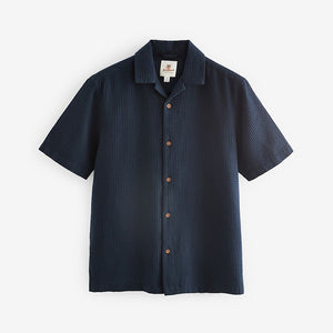 Navy Blue 100% Cotton Textured Waffle Short Sleeve Shirt