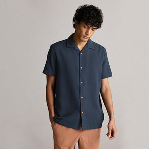 Navy Blue 100% Cotton Textured Waffle Short Sleeve Shirt