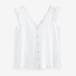 White Linen Blend Ruffle Sleeve Top