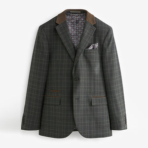 Charcoal Grey Tailored Fit Trimmed Check Suit Jacket