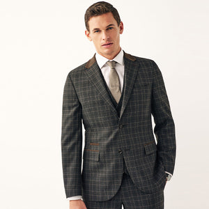 Charcoal Grey Tailored Fit Trimmed Check Suit Jacket