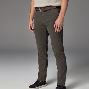 Khaki Green Slim Fit Belted Soft Touch Textured Trousers