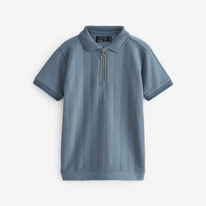 Blue Textured Short Sleeve Quarter Zip Polo Shirt (3-12yrs)