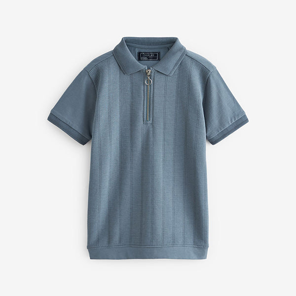 Blue Textured Short Sleeve Quarter Zip Polo Shirt (3-12yrs)