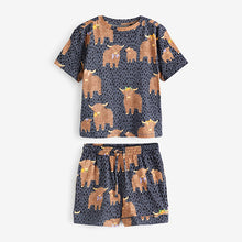 Load image into Gallery viewer, Navy Hamish the Highland Cow 100% Cotton Short Sleeve Pyjamas
