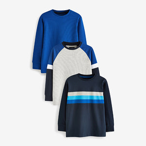 Blue/Grey Marl Long Sleeve Colourblock T-Shirts 3 Pack (3-12yrs)