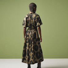 Load image into Gallery viewer, Khaki Green Animal Print Puff Sleeve Midi Dress
