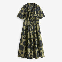 Load image into Gallery viewer, Khaki Green Animal Print Puff Sleeve Midi Dress
