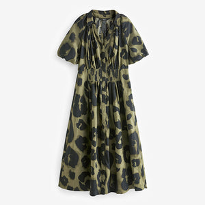 Khaki Green Animal Print Puff Sleeve Midi Dress